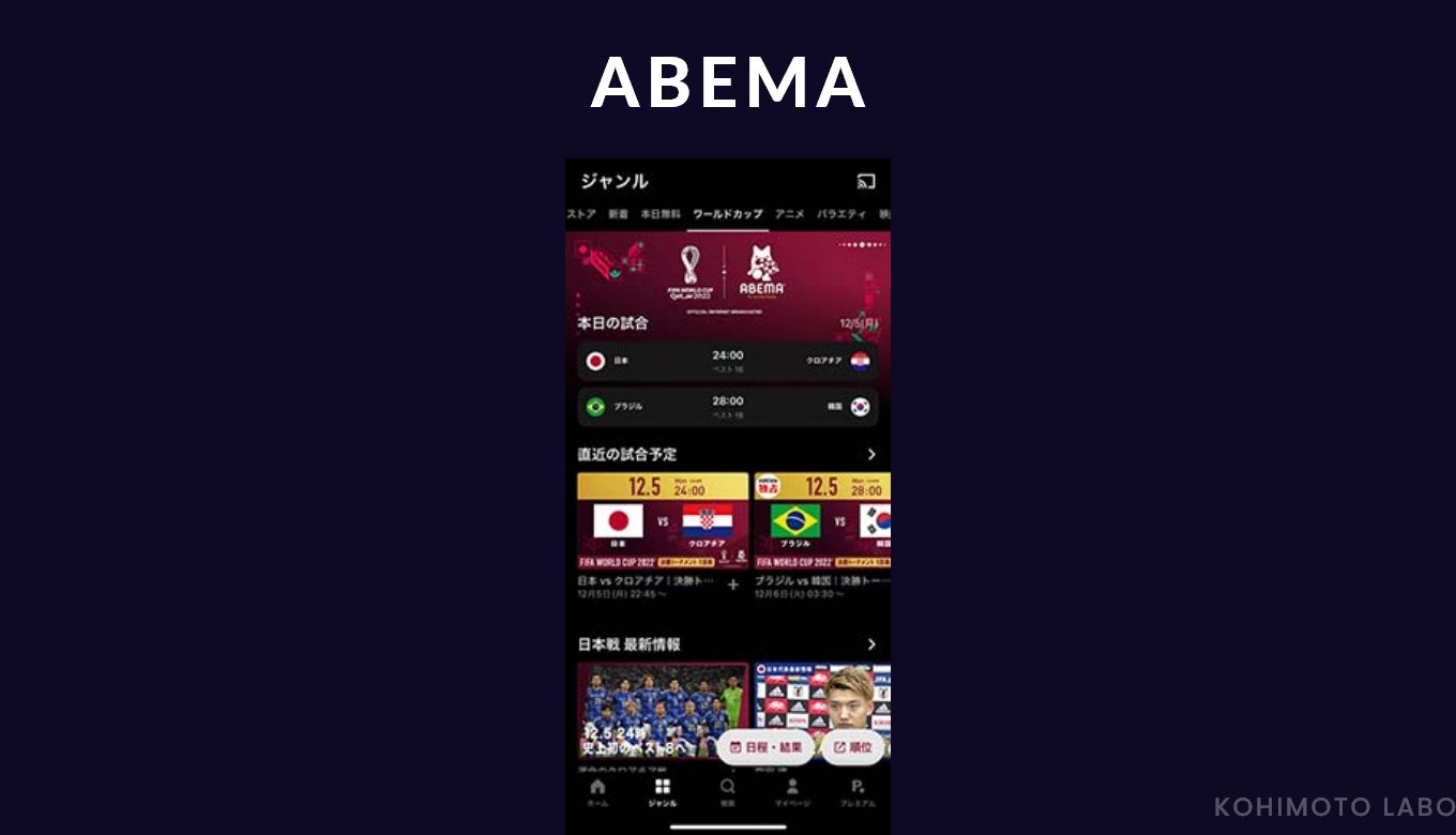 FIFAワールドカップ UIデザイン事例 - ABEMA